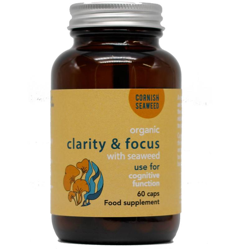 Cornish Seaweed Clarity & Focus capsules with ginkgo and kelp, dietary supplement for mental clarity and focus.