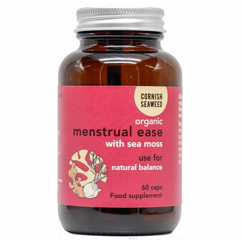Cornish Seaweed Menstrual Ease supplement in 60 capsules, featuring sea moss, ginger, and fennel for menstrual comfort.