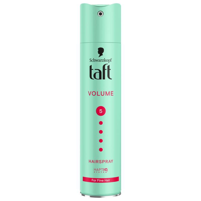 Taft Hairspray Volume Mega Strong styling spray in 150ml bottle, providing firm hold and volume for hairstyles.