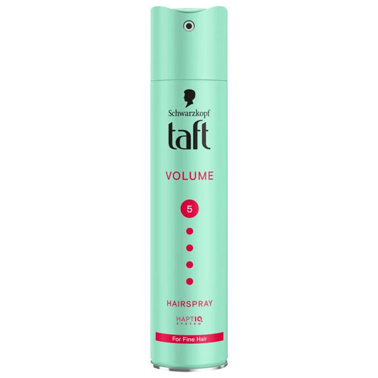 Taft Hairspray Volume Mega Strong styling spray in 150ml bottle, providing firm hold and volume for hairstyles.