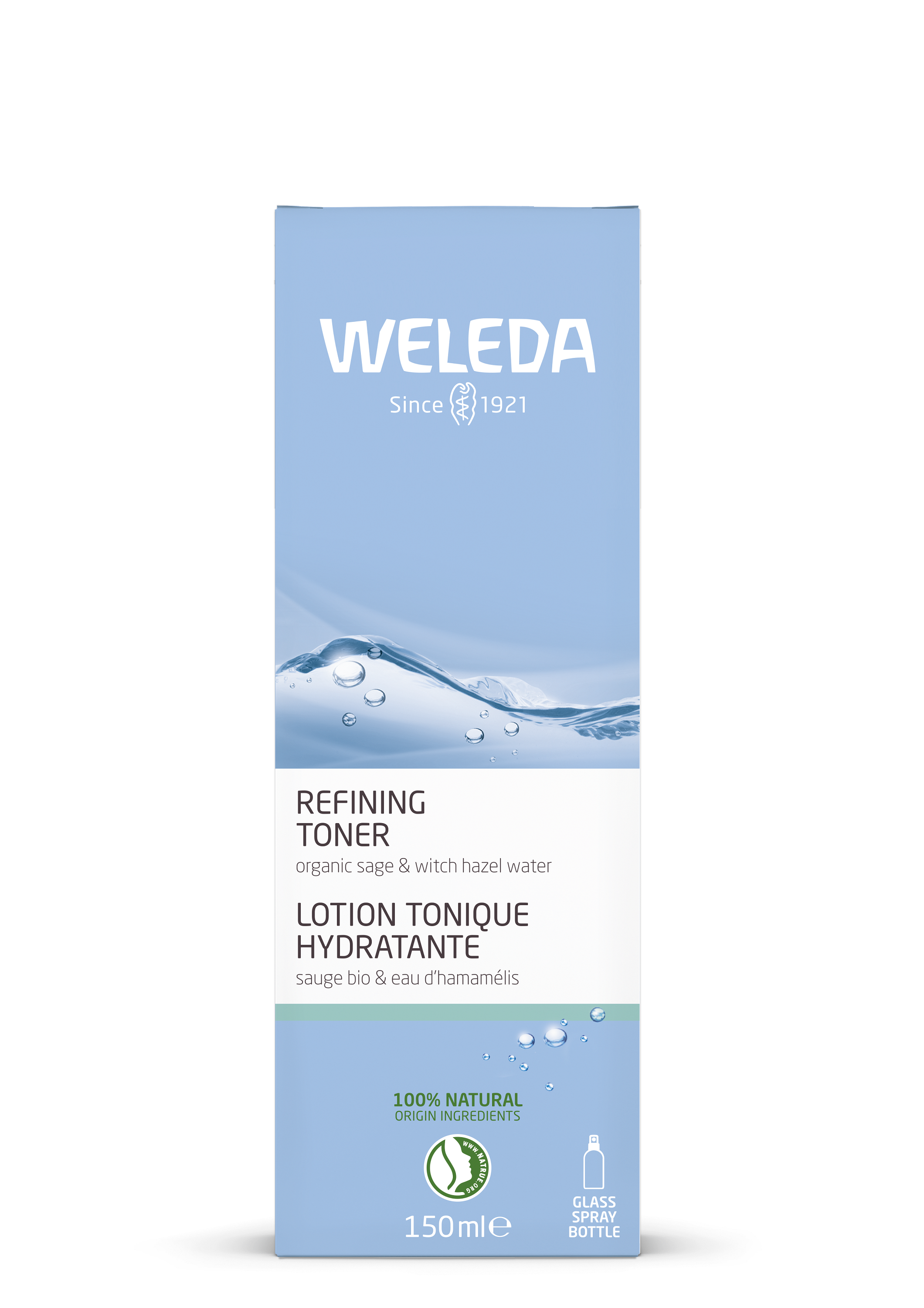 Weleda Gezichtstonic verfrissend 150ml in a clear bottle, featuring a spray nozzle, for refreshing facial skincare.