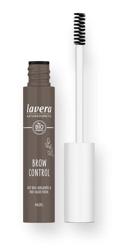 Lavera Brow Control brow gel in shade 02 Hazel, natural makeup product with 8.5 ml, featuring tinted, defining brow gel with brush applicator.