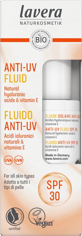 Lavera Anti-UV Fluid sun SPF 30 bio in a 30ml bottle, designed for sun protection with natural ingredients.