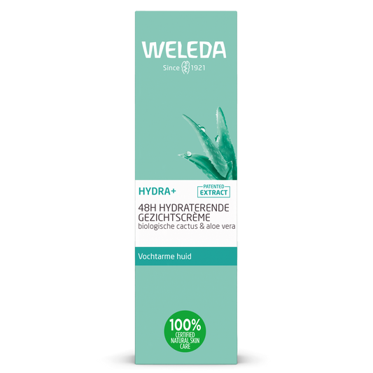 Weleda Hydra+ 48h hydrating face cream in a 30ml jar, nourishing facial moisturizer for daily hydration.