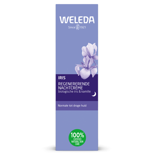 Weleda Iris regenerating night cream in a 30ml jar, facial skincare product with a sleek design and natural ingredients.