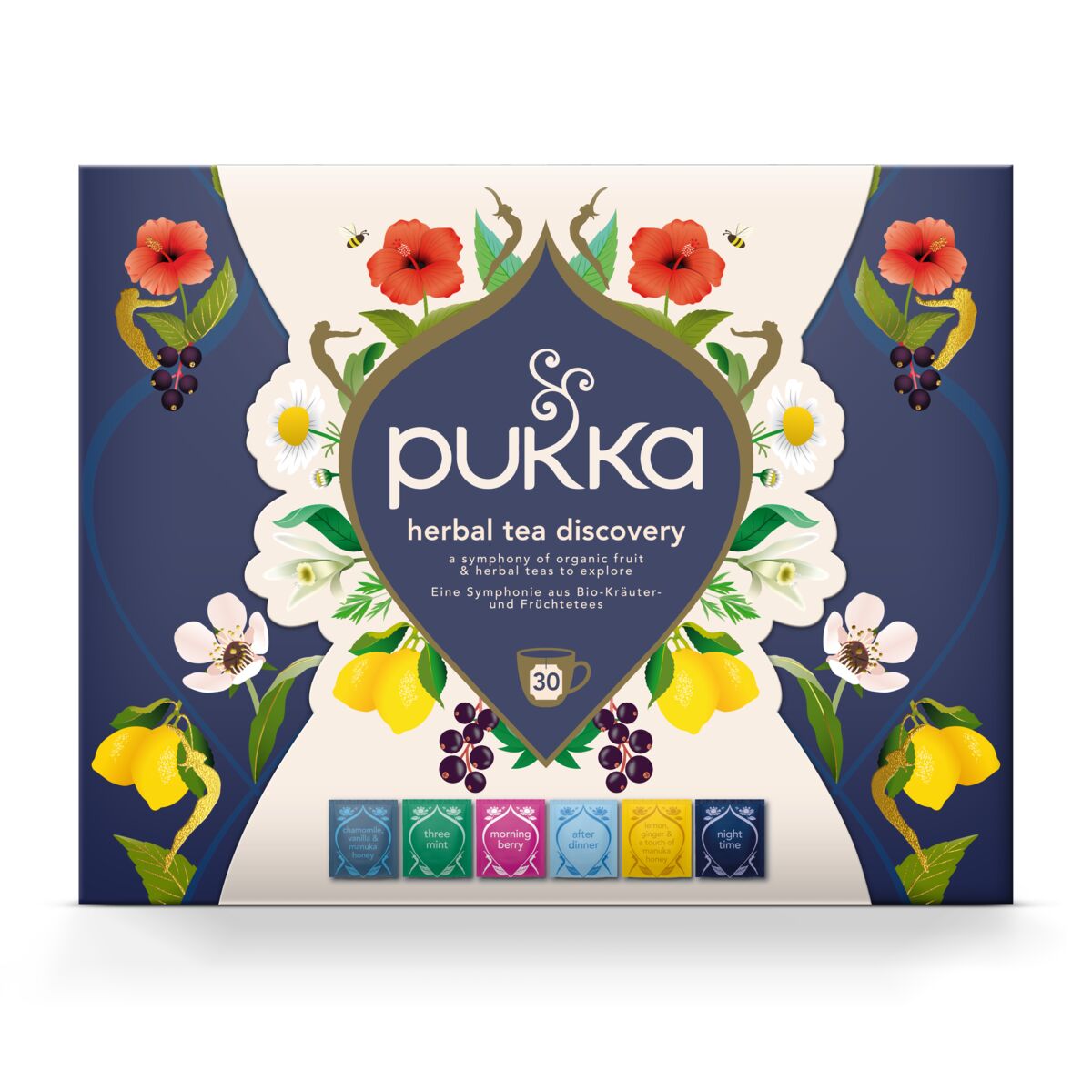 Pukka Herbal and Green Tea Collection bio, 30 tea bags, assorted herbal and green teas in packaging.