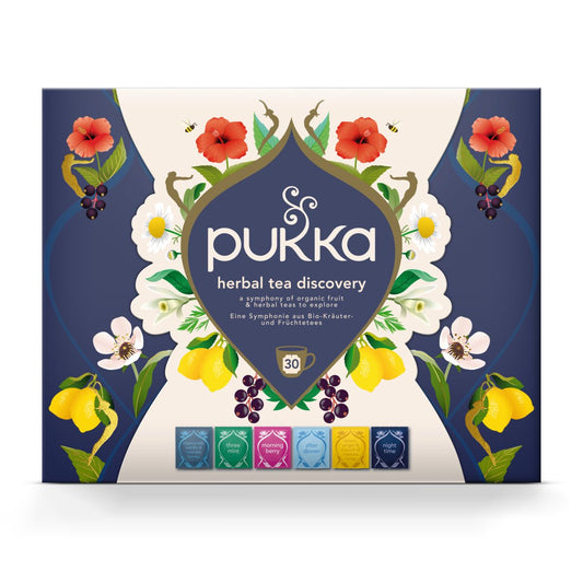 Pukka Herbal and Green Tea Collection bio, 30 tea bags, assorted herbal and green teas in packaging.