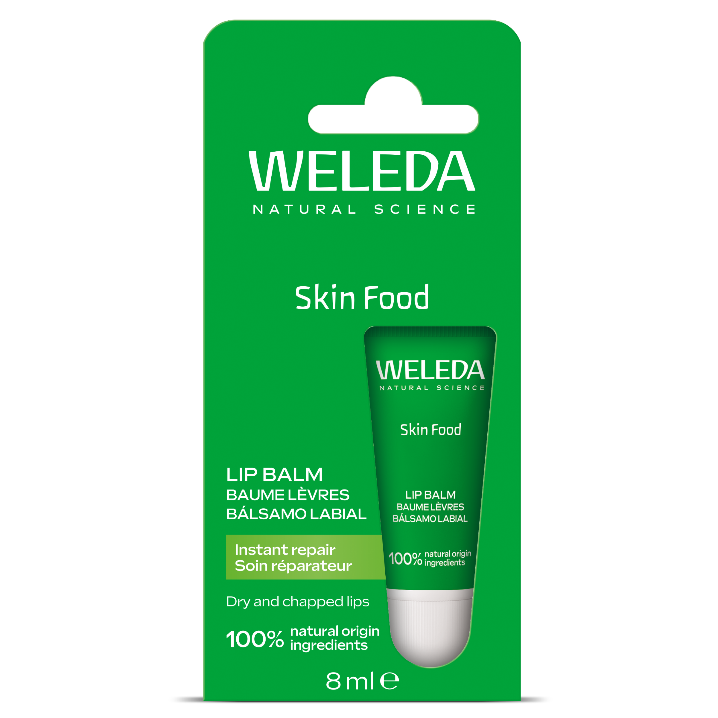 Weleda Skin Food lip balm in 8ml tube, natural lip care product with green and white packaging, for nourishing and soothing lips.