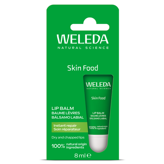 Weleda Skin Food lip balm in 8ml tube, natural lip care product with green and white packaging, for nourishing and soothing lips.