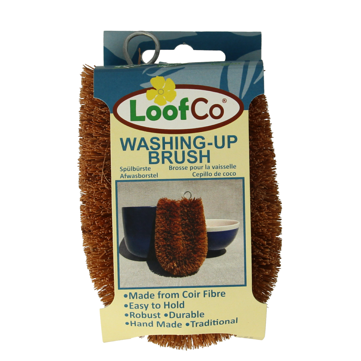 Loofco eco coconut dish brush for cleaning, natural scrubber, made from sustainable coconut husk fibers, ideal for eco-friendly kitchen cleaning.