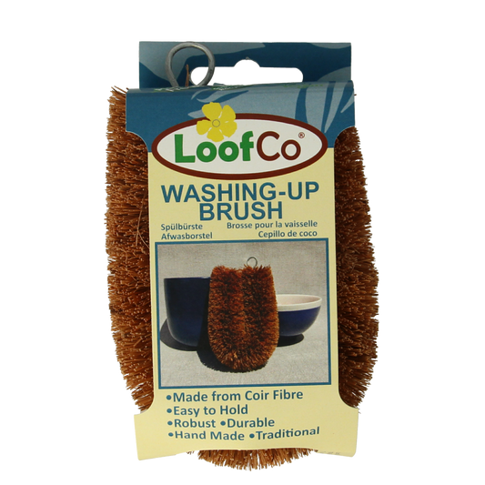 Loofco eco coconut dish brush for cleaning, natural scrubber, made from sustainable coconut husk fibers, ideal for eco-friendly kitchen cleaning.
