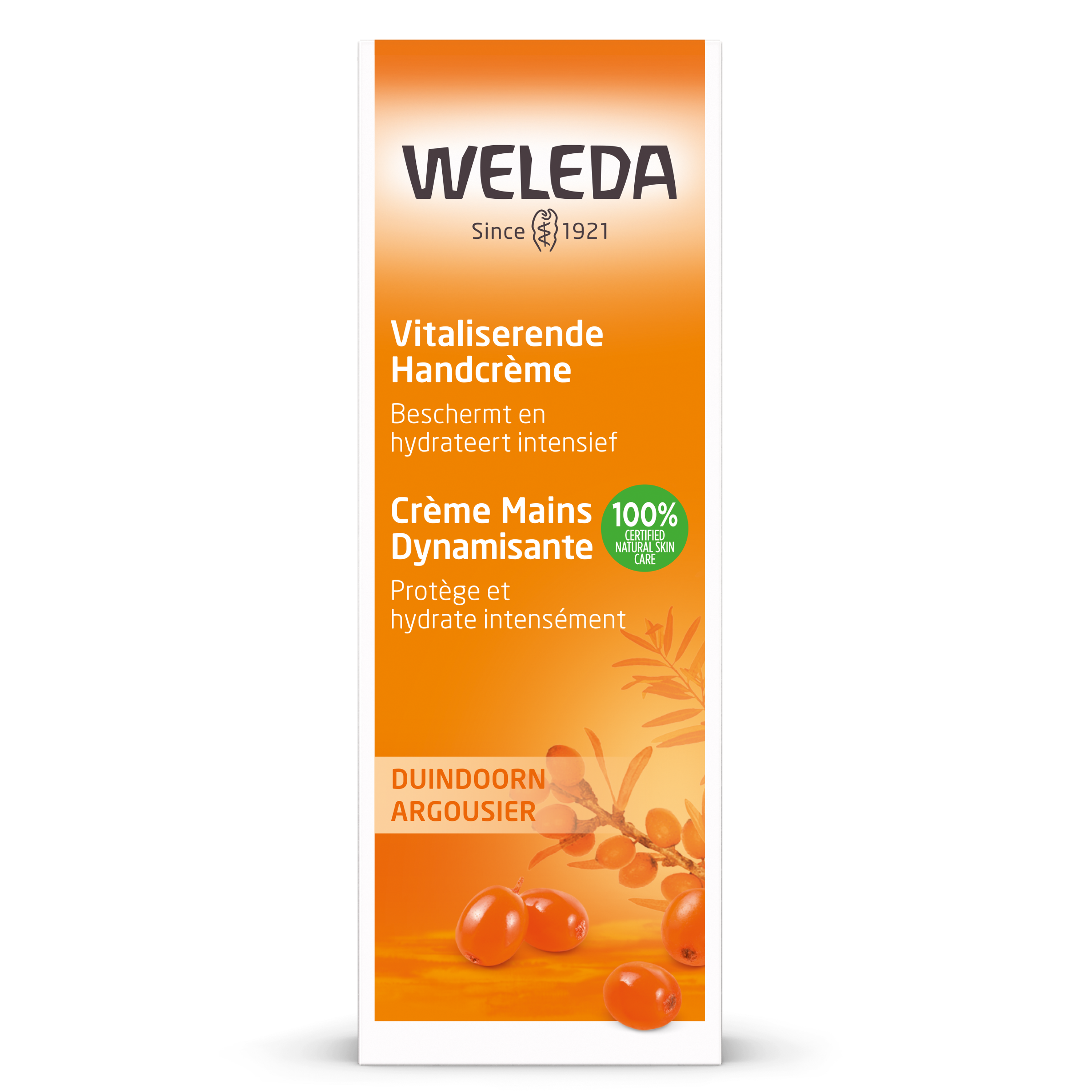 Weleda Duindoorn hand cream in a 50ml tube, featuring nourishing hand care with natural ingredients and orange color packaging.