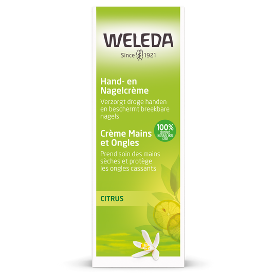 Weleda Citrus hand and nail cream in a 50ml tube, showing the packaging and fresh citrus design for hand skincare.