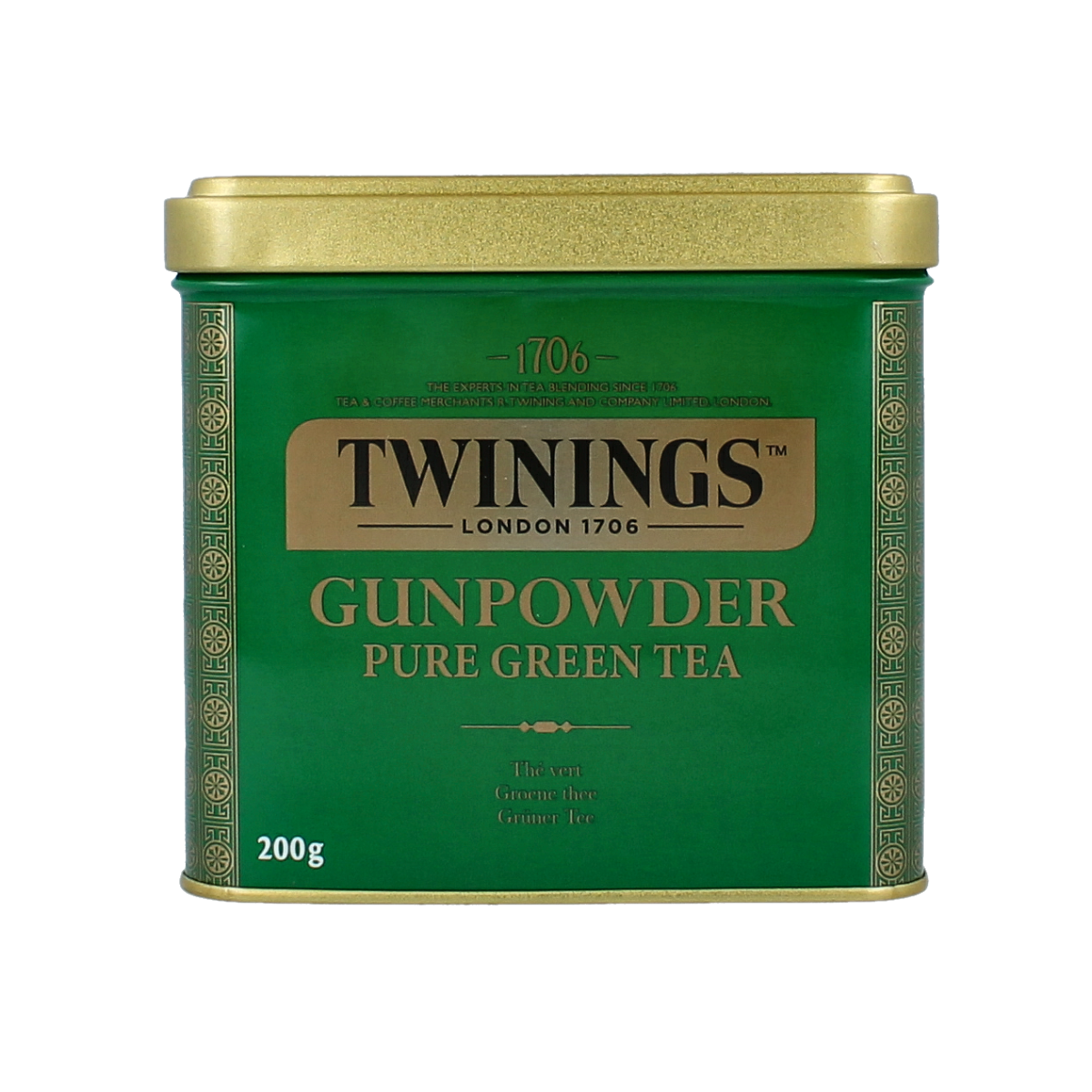 Twinings Gunpowder green tea in a natural 200g tin, showcasing the tea leaves inside the branded metal container.