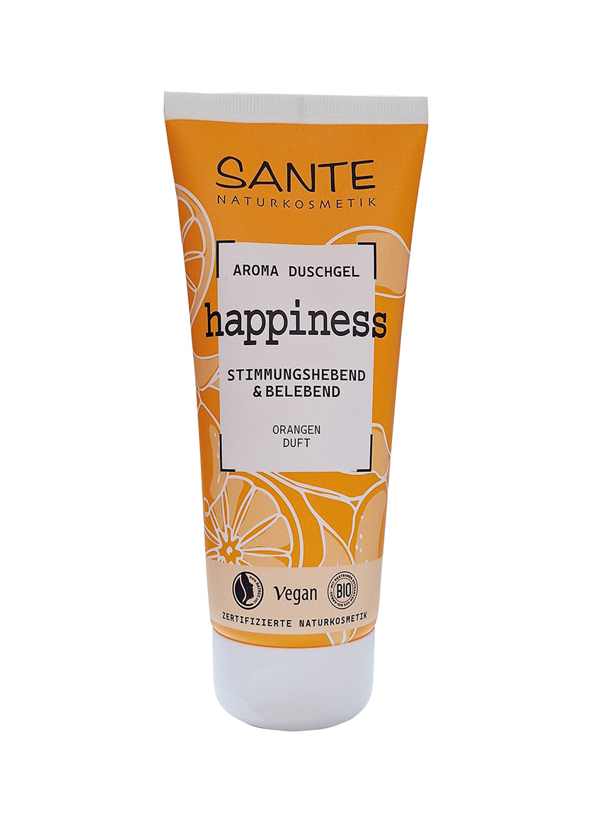 Sante Happiness shower gel in 200ml bottle featuring a colorful label, designed for a refreshing bath and shower experience.