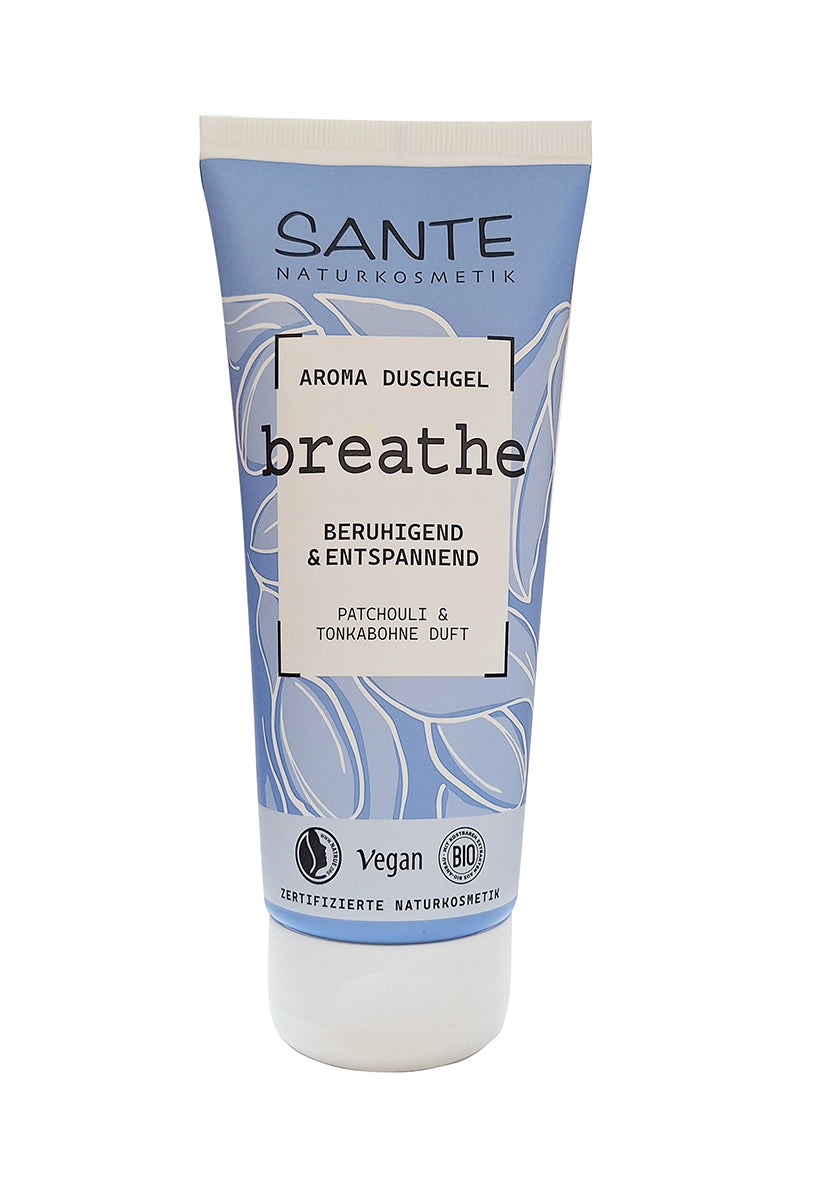 Sante Showergel Breathe 200ml, a relaxing body and shower gel with fresh scent, shown in a clear bottle with blue accents.