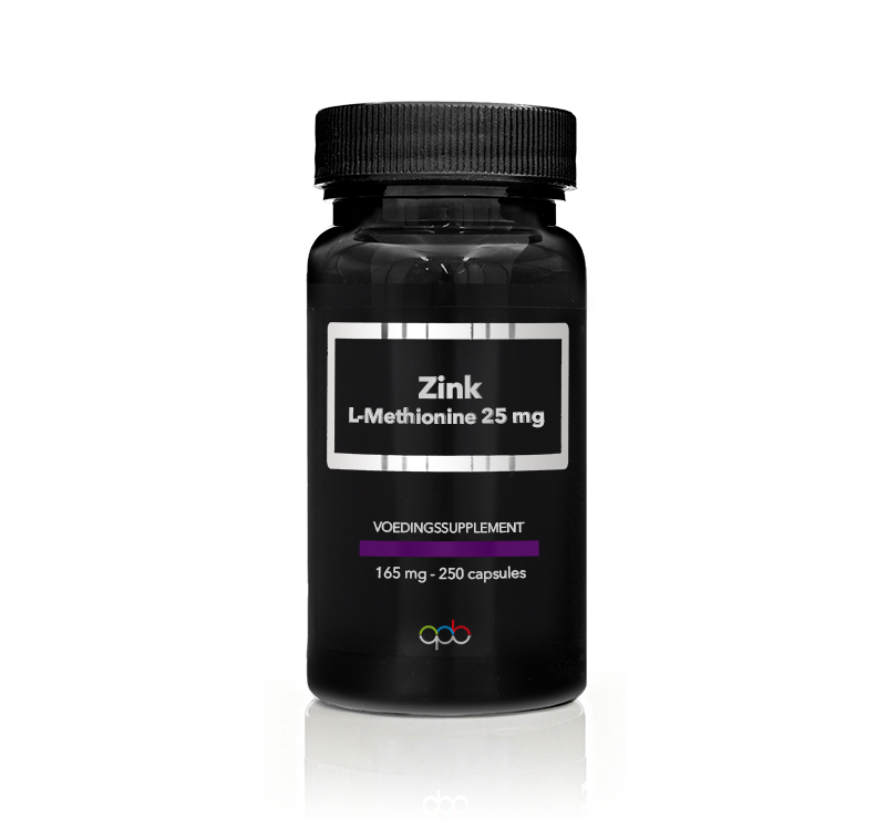 APB Holland Zink L-Methionine 25mg capsules, mineral supplement, shown in a clear container with capsules inside.