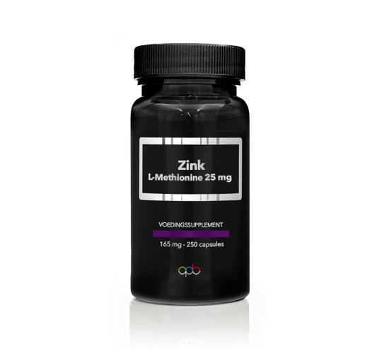 APB Holland Zink L-Methionine 25mg capsules, mineral supplement, shown in a clear container with capsules inside.