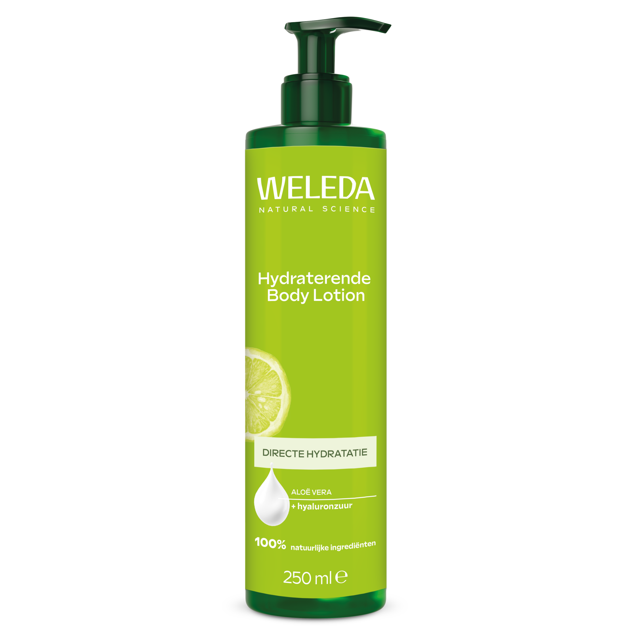 Weleda Aloe Vera Body Lotion 250ml bottle with pump dispenser, featuring a green and white label for moisturizing skincare.
