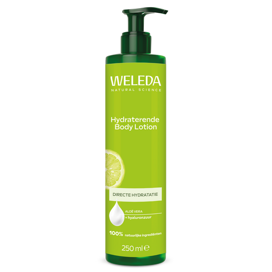 Weleda Aloe Vera Body Lotion 250ml bottle with pump dispenser, featuring a green and white label for moisturizing skincare.