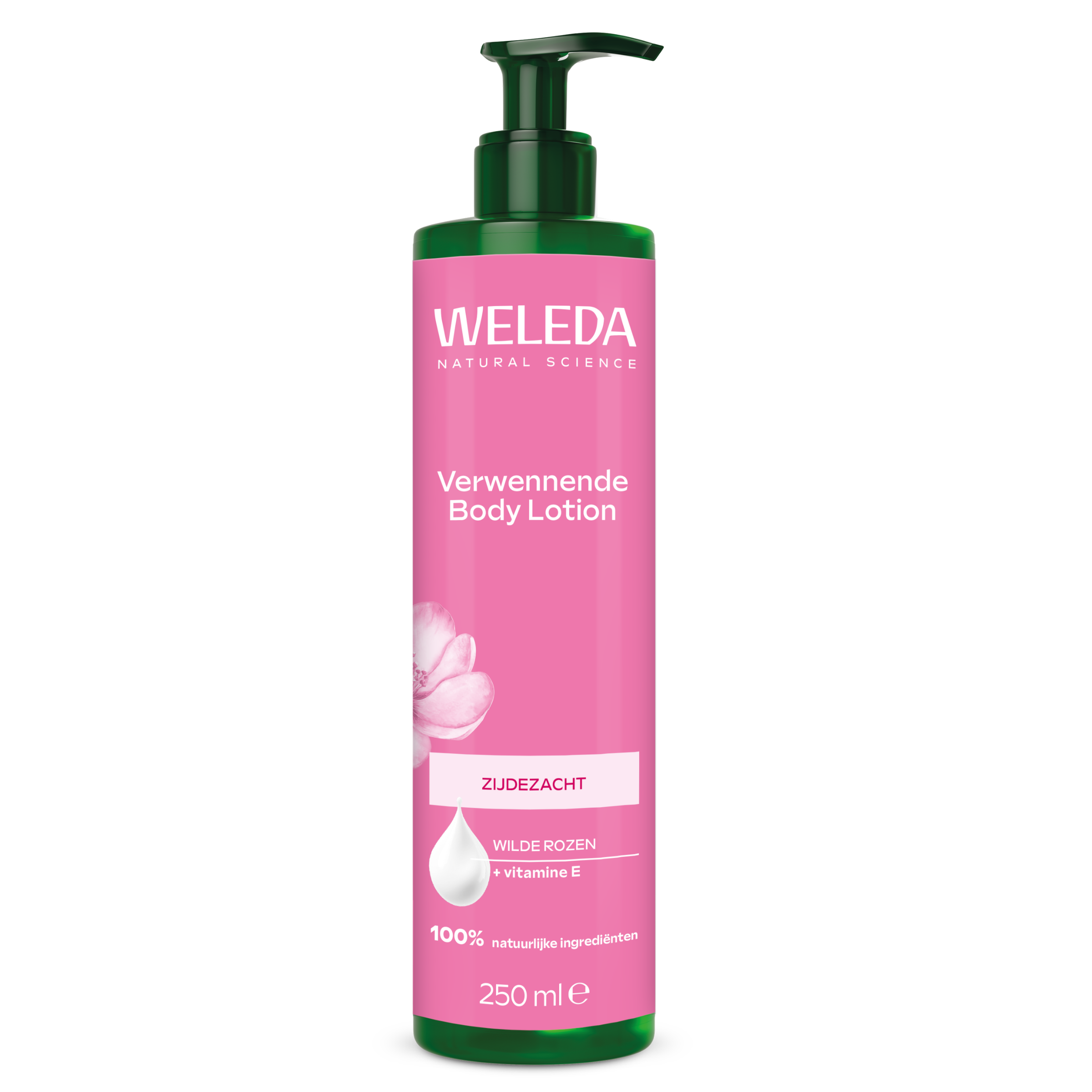 Weleda Wilde Rozen bodylotion in a 250ml bottle, natural floral moisturizing body care product with rose extract.