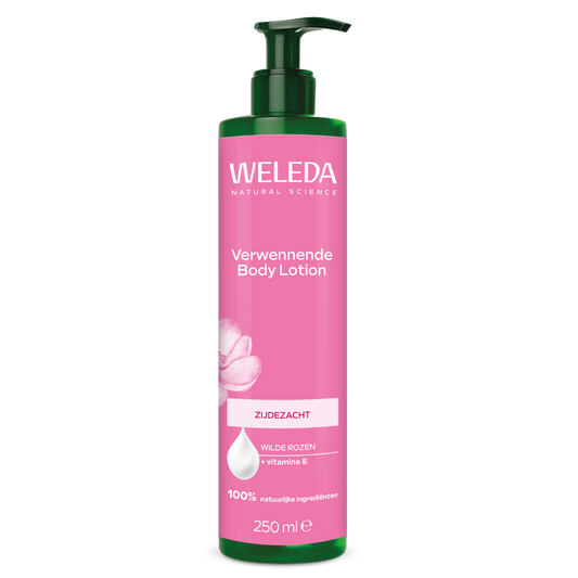 Weleda Wilde Rozen bodylotion in a 250ml bottle, natural floral moisturizing body care product with rose extract.
