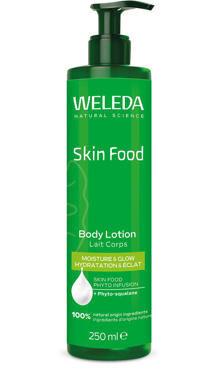 Weleda Skin Food body lotion 250ml bottle, moisturizing body care product with natural ingredients, for smooth skin.