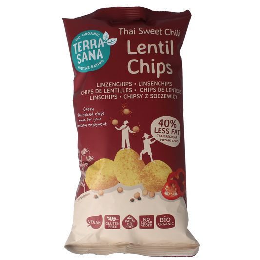 TerraSana Linzenchips sweet chili bio 75g, crunchy lentil chips with a sweet chili flavor, shown in the package.