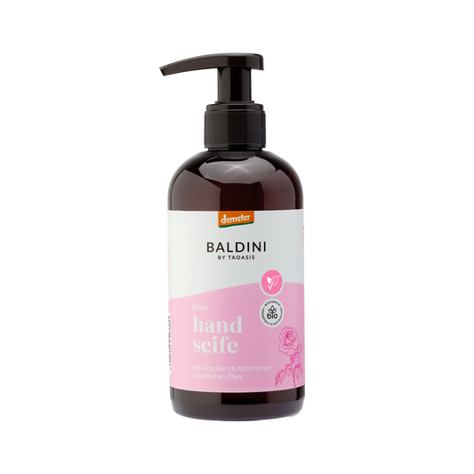 Baldini rose hand soap in a 250ml bottle, gentle hand care with a floral rose scent, suitable for daily use.