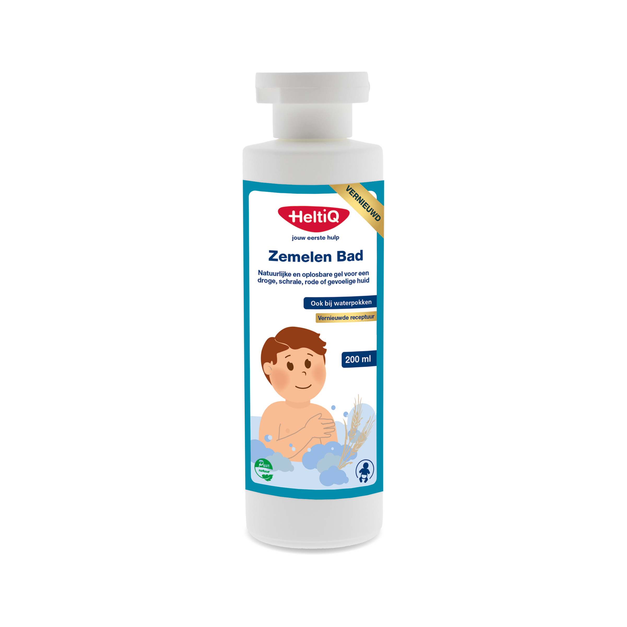 Heltiq Zemelenbad 200ml baby and toddler care product, featuring a clear bottle with a white cap and label.