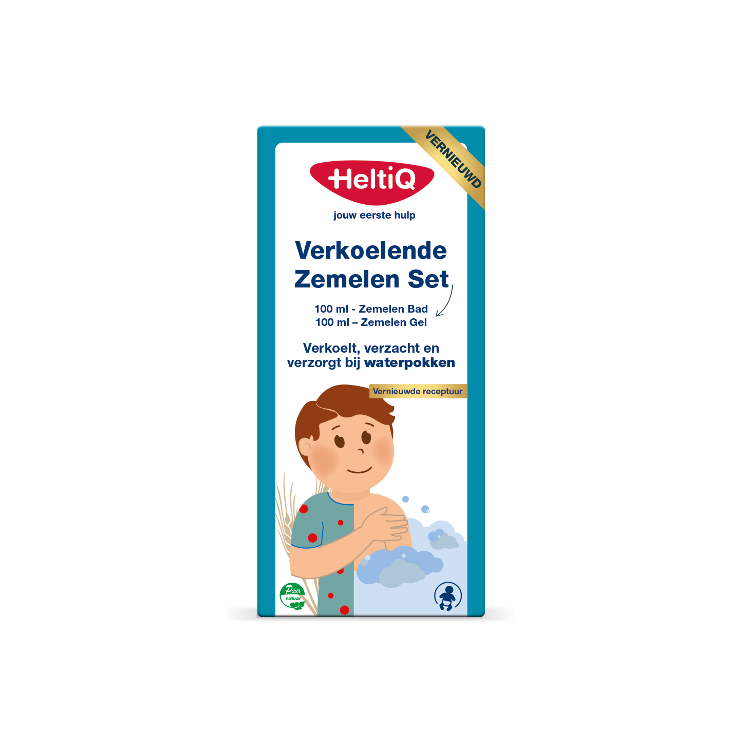 Heltiq Verkoelende zemelen set with 2x 100ml bottles, suitable for baby and toddler skincare, displayed in the image.