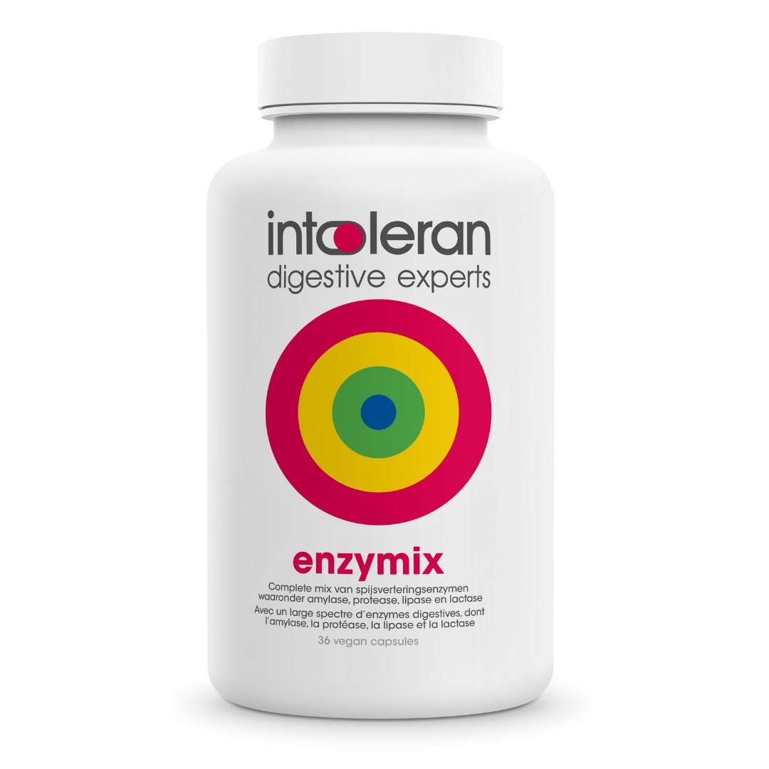 Intoleran Enzymix capsules, dietary supplement with 36 capsules, in a white bottle with label, natural herbal enzyme formula.