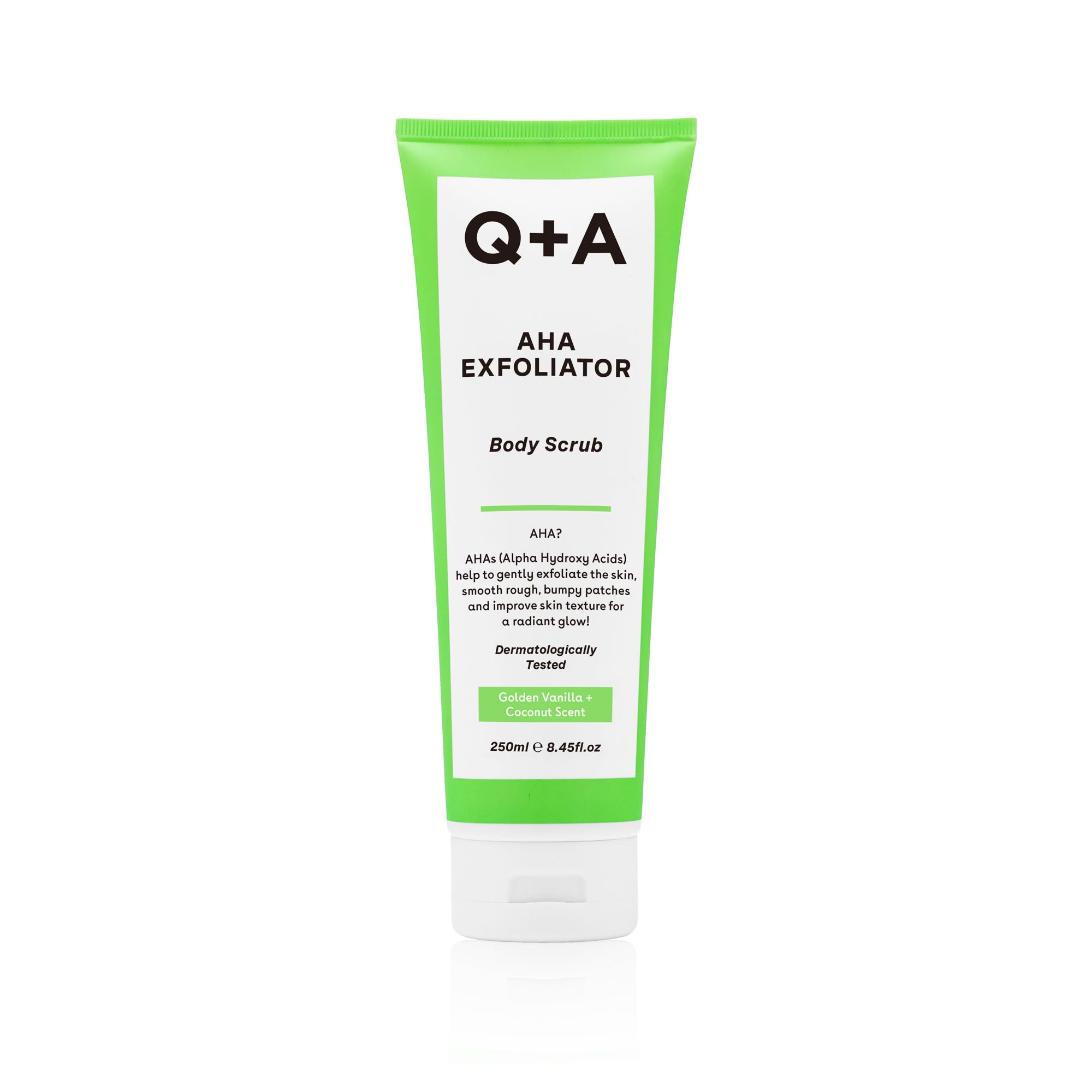 Q+A Bodyscrub AHA exfoliator in 250ml bottle, natural body care product with exfoliating ingredients and smooth texture.