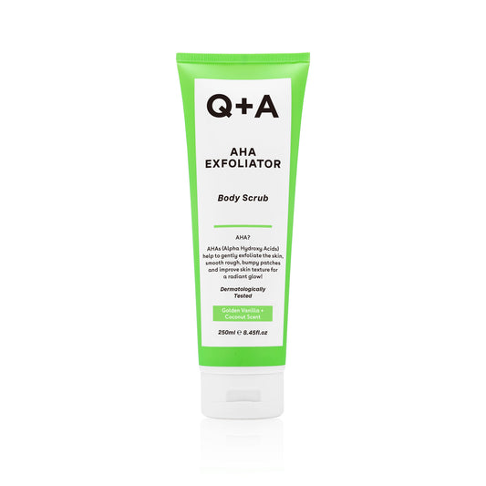 Q+A Bodyscrub AHA exfoliator in 250ml bottle, natural body care product with exfoliating ingredients and smooth texture.