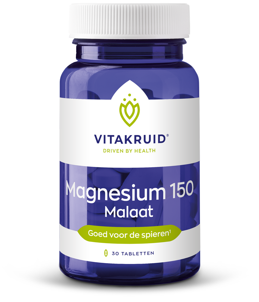 Vitakruid Magnesium 150 malaat with vitamin B6 tablets, mineral supplement in a blister pack showing 30 tablets.
