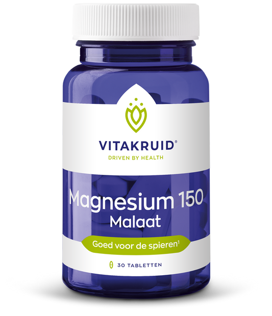 Vitakruid Magnesium 150 malaat with vitamin B6 tablets, mineral supplement in a blister pack showing 30 tablets.