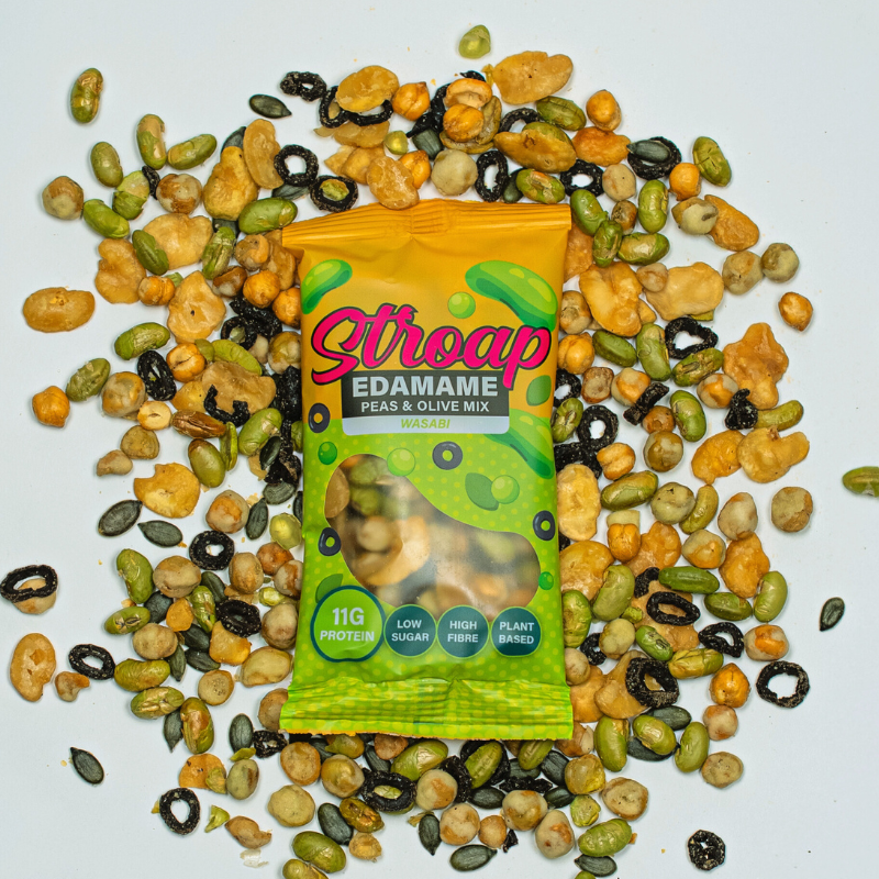 Stroap Edamame mix wasabi snack in a 40g package, featuring green edamame beans coated with wasabi seasoning.