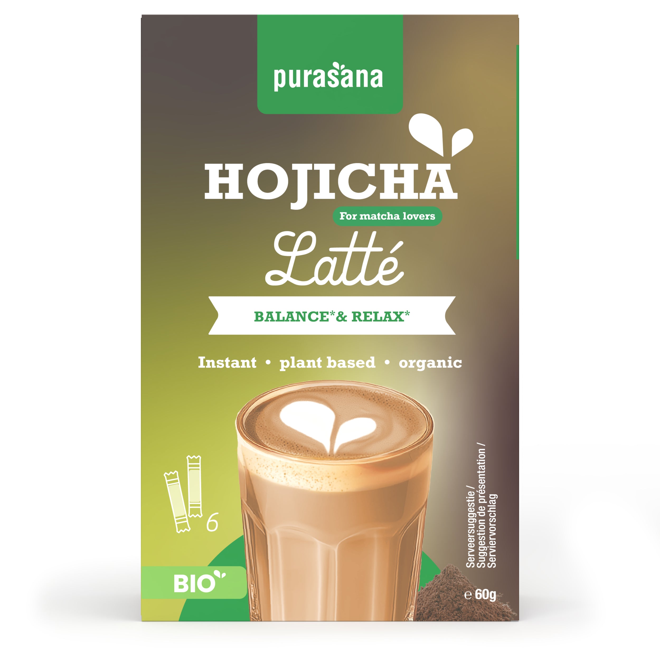 Purasana instant hojicha latte sachets, organic tea beverage, 6 packs of 10g each, in a natural, colorful packaging.