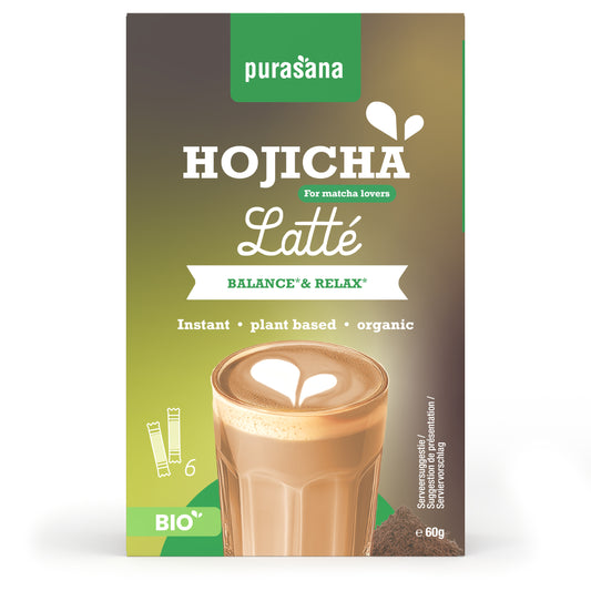 Purasana instant hojicha latte sachets, organic tea beverage, 6 packs of 10g each, in a natural, colorful packaging.