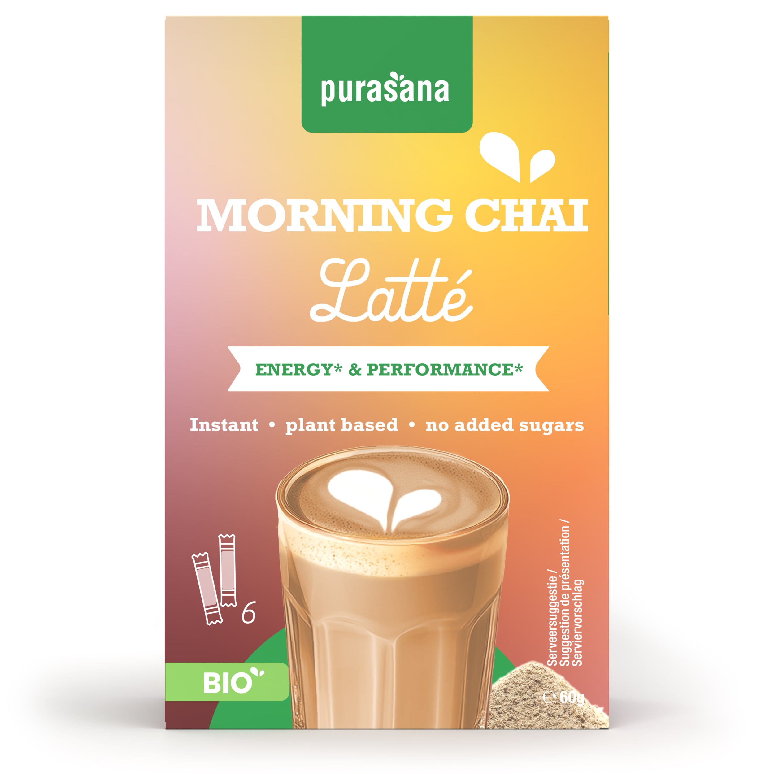Purasana Instant Morning Chai Latte sachets, organic coffee and tea mix, 6 packs of 10g each, on a white background.