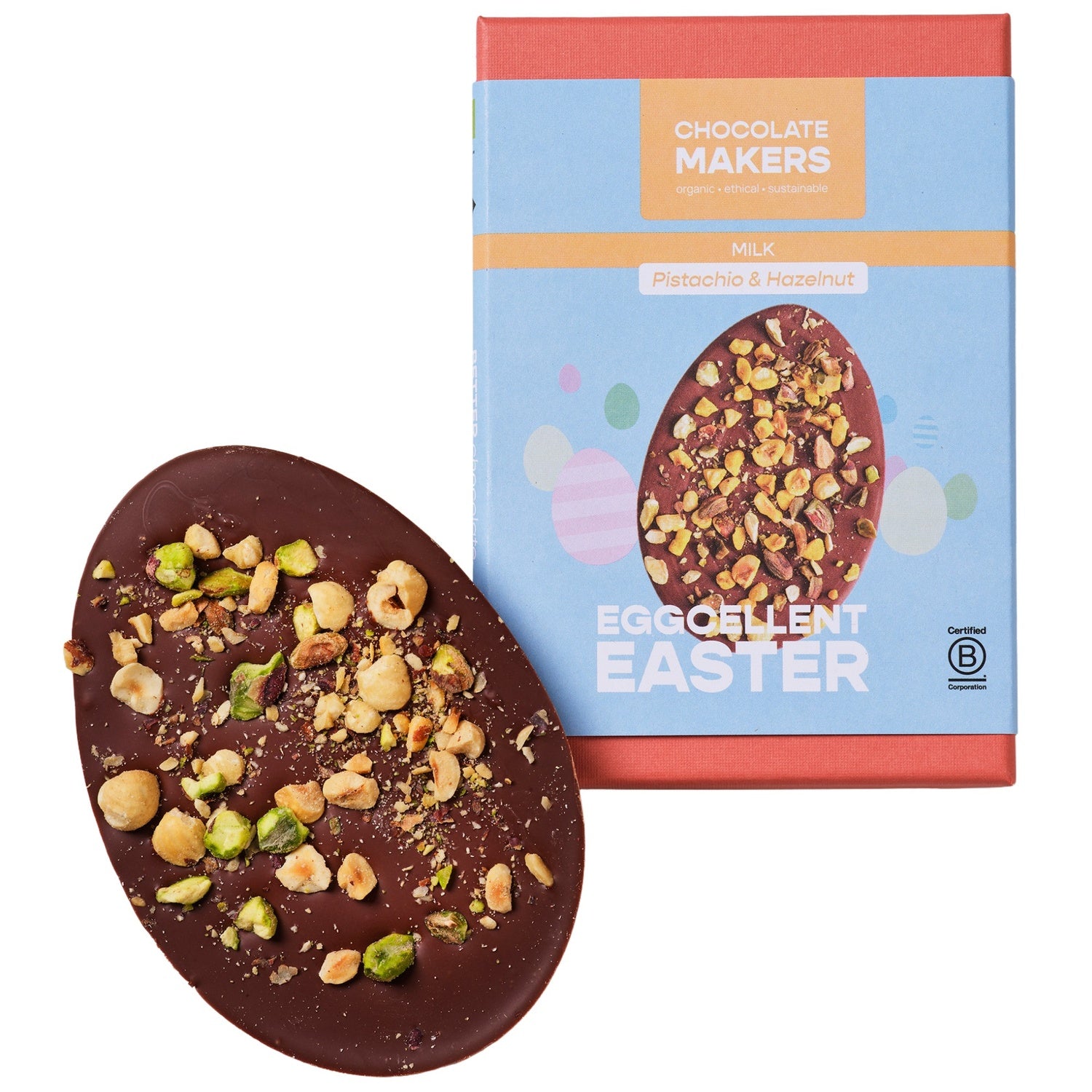 Chocolatemakers Eggcellent Easter organic chocolate egg, 110g, wrapped in colorful packaging, ideal for Easter celebrations.