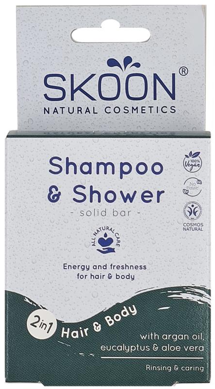 Skoon 2-in-1 shampoo and shower bar in 90g, natural hair and body cleansing product with minimalist packaging.