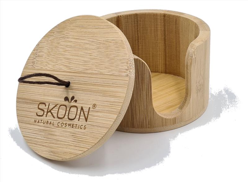 Skoon bamboo face pad holder for bathroom and toilet, natural bamboo material, designed to organize facial pads.