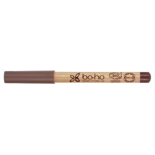 Boho green makeup brown lip pencil for lip care, showing the pencil with its natural finish and packaging.