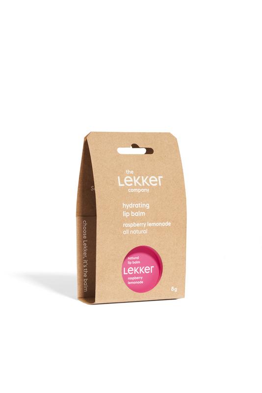 Lekker Company natuurlijke lippenbalsem met framboos, 8 gram, verzorgende lipverzorging in een kleine, ronde verpakking.