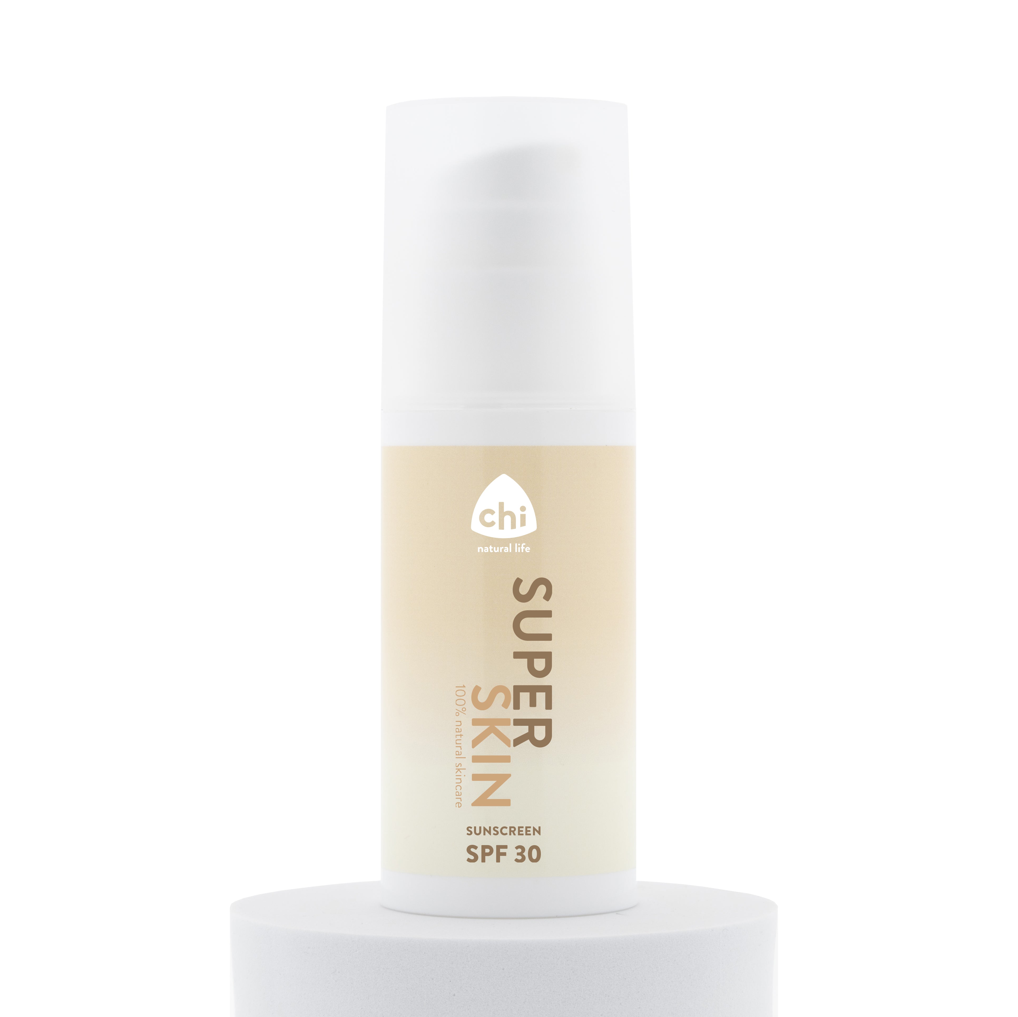 Chi Superskin Sunscreen SPF30 bottle showing the product label and packaging for sun protection in a 100ml container.