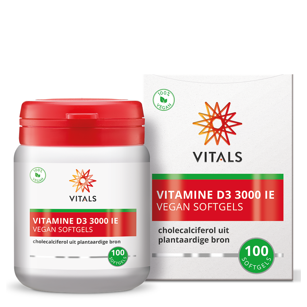 Vitals Vitamin D3 3000 IU softgels in a container, vegan dietary supplement for bone health and immune support.