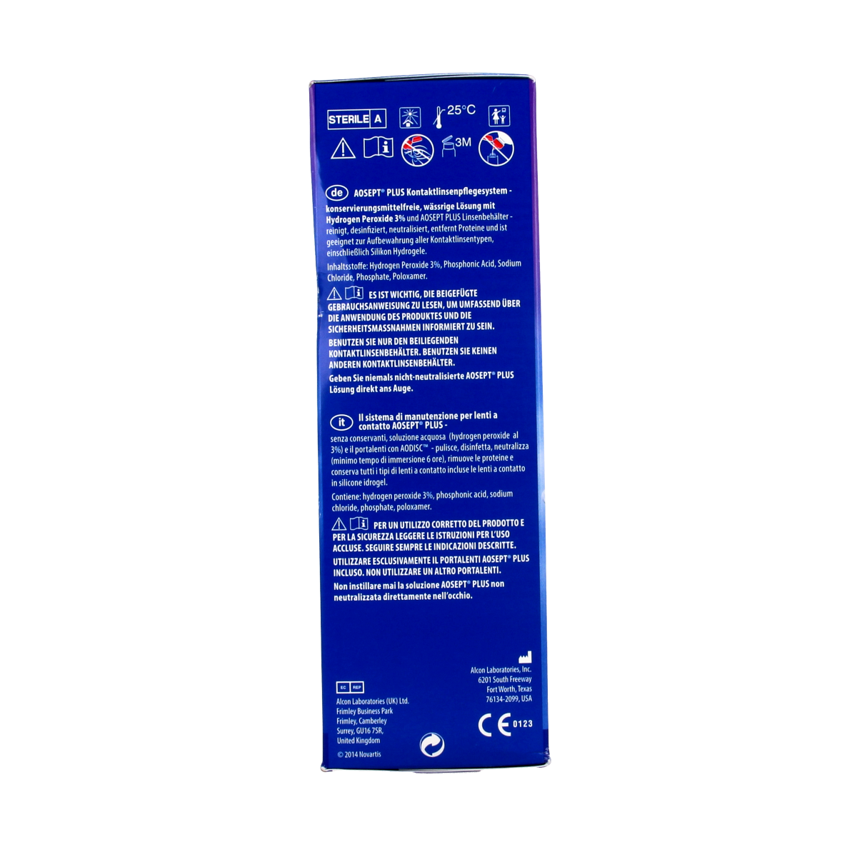 Aosept Plus 360ml eye care solution bottle showing the label and product packaging for eye hygiene.