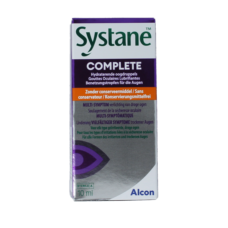 Systane Oogdruppels Complete 10ml bottle for eye hydration and relief, featuring a clear dropper cap and eye care packaging.
