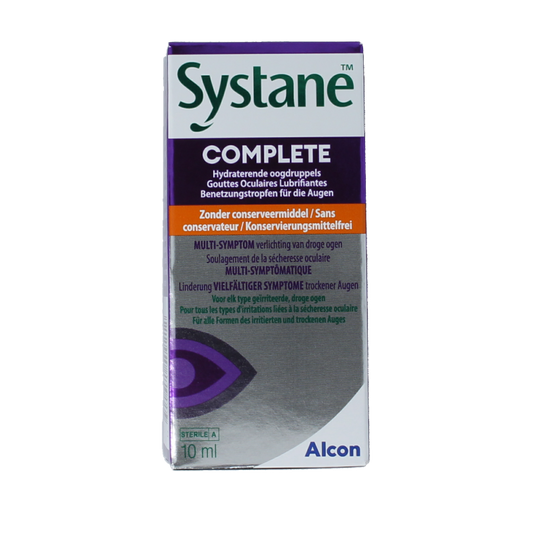 Systane Oogdruppels Complete 10ml bottle for eye hydration and relief, featuring a clear dropper cap and eye care packaging.
